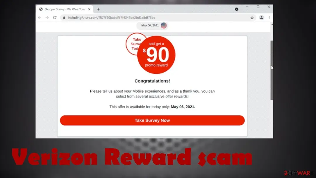 A browser window on includingfuture.com titled Shopper Survey, showing a red circle with $90 promo reward, the text Congratulations, a line about mobile experiences, the date May 06, 2021 and a red Take Survey Now button