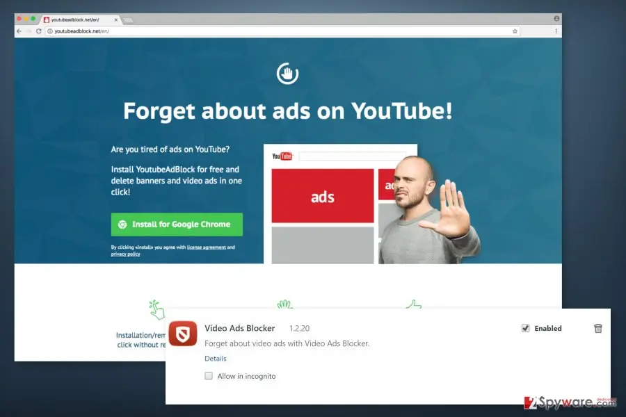 youtubeadblock.net download page headed Forget about ads on YouTube with an Install for Google Chrome button, and Chrome's extension list showing Video Ads Blocker 1.2.20 enabled