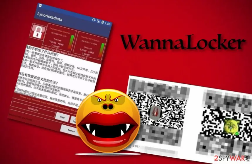 WannaLocker ransom window on an Android phone with two countdown timers, a key box and two blurred payment QR codes