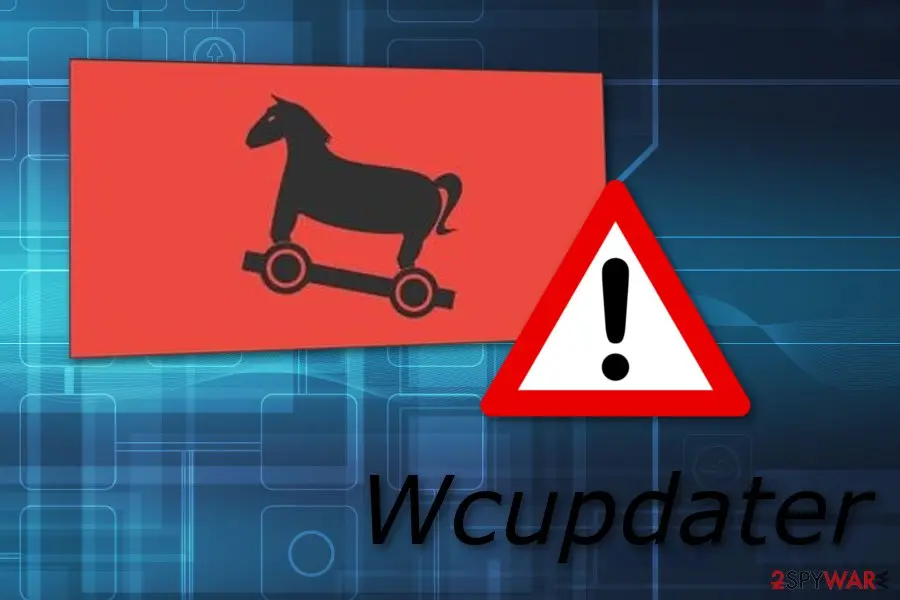 Illustration of a black trojan horse on a red card with a warning triangle and the word Wcupdater