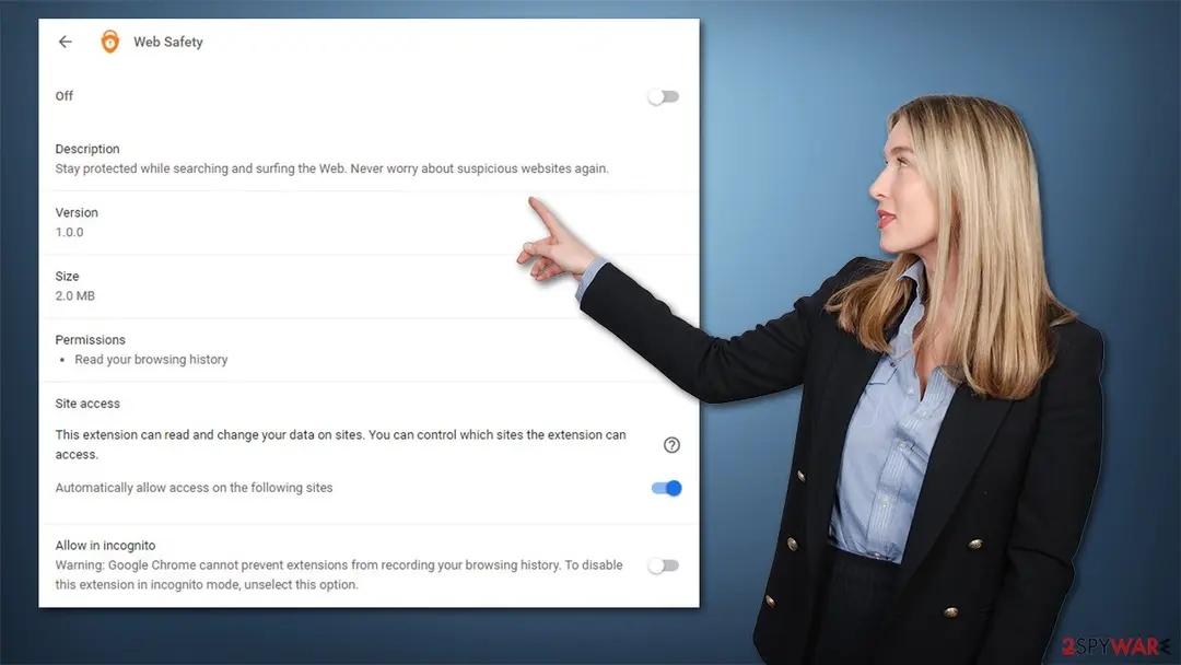Chrome details page of the Web Safety extension: version 1.0.0, size 2.0 MB, permission Read your browsing history, site access on and Allow in incognito switched off