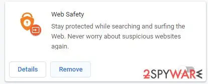 Chrome extension card for Web Safety with an orange padlock icon, the description Stay protected while searching and surfing the Web and Details and Remove buttons, switched off
