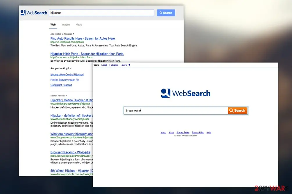 The WebSearch start page with a search box in front of a WebSearch results page for the word hijacker with a block of ads above the results