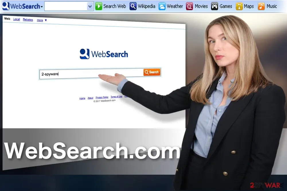 The WebSearch Toolbar with buttons for Search Web, Wikipedia, Weather, Movies, Games, Maps and Music above the WebSearch start page, next to a stock photo of a woman in a dark jacket