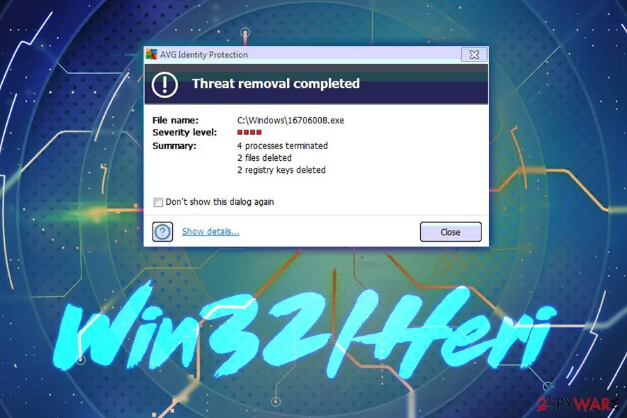 An AVG Identity Protection window titled Threat removal completed, listing the file C:\Windows\16706008.exe, four processes terminated, two files deleted and two registry keys deleted, under the title Win32/Heri