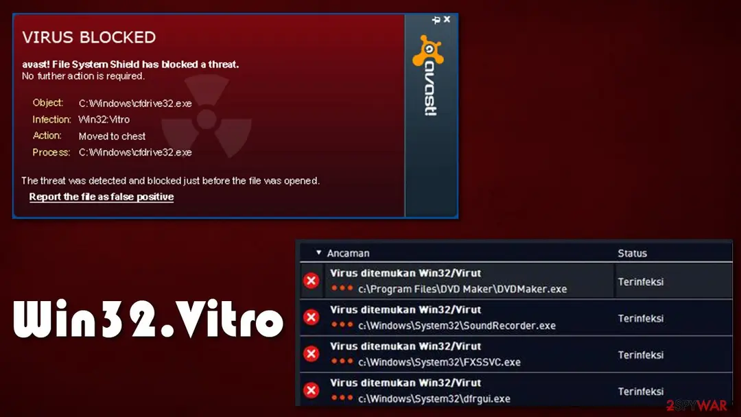 An avast File System Shield window reading Virus blocked, with object and process C:\Windows\cfdrive32.exe, infection Win32:Vitro and action Moved to chest, and below it a second product's list in Indonesian reading Virus ditemukan Win32/Virut for DVDMaker.exe, SoundRecorder.exe, FXSSVC.exe and dfrgui.exe, each marked Terinfeksi