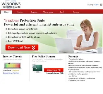 Windows Protection Suite web page with a Download Now button and a free online scanner