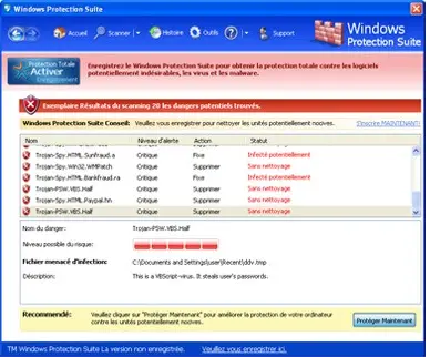 Windows Protection Suite program window in French listing 20 dangers found by a scan