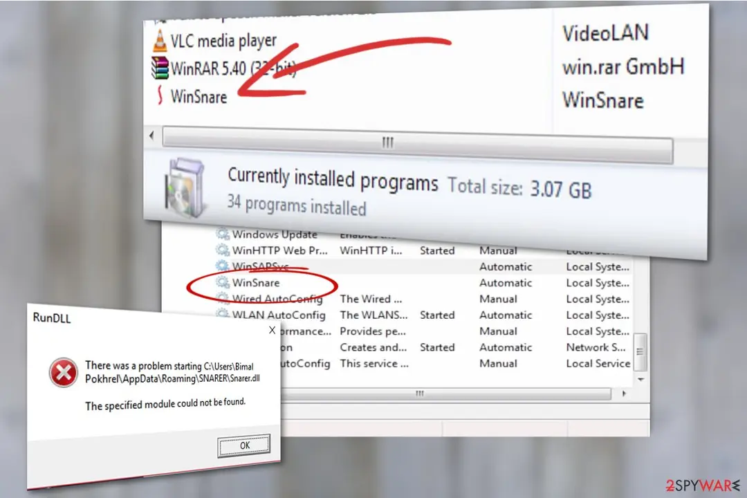 Screenshot of WinSnare virus: screenshot
