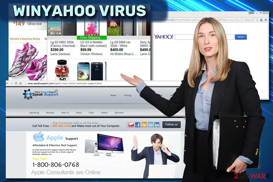 Three windows from our 2021 report: shopping ads with phone prices, a Yahoo search page and the page of an online technical support company