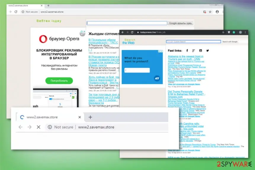 The same three windows with the Kazakh-language page in front: a Russian Opera ad-blocker advert with a green Try button, a Google search box, and the todaysnews.live Search the Web page with an ADT advert and Google News headlines beside it