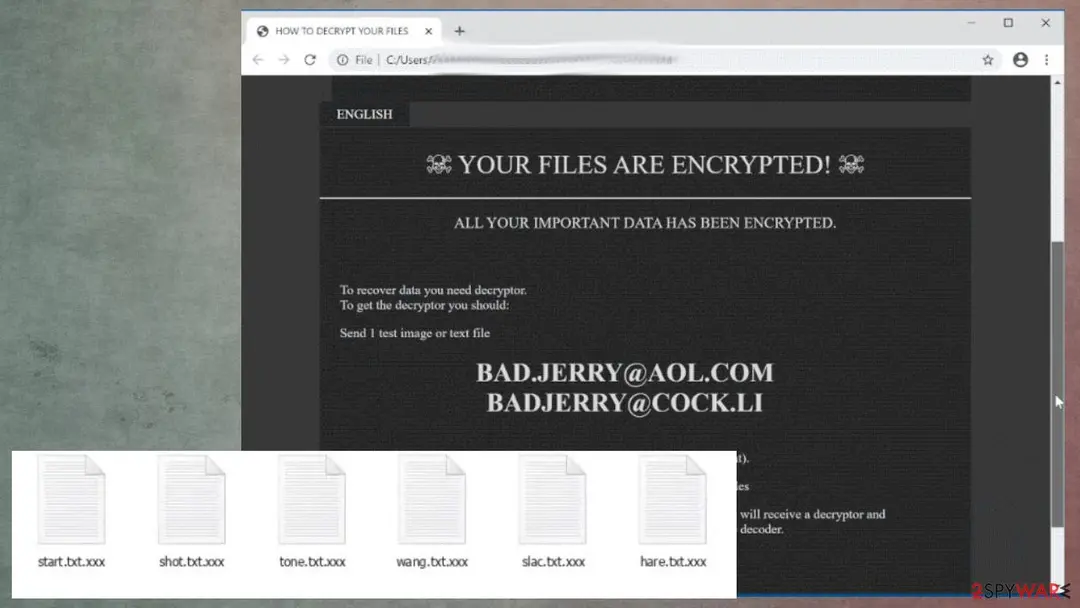 The BadJerry ransom note in a browser tab titled HOW TO DECRYPT YOUR FILES, with two e-mail addresses in large letters, and six files named start.txt.xxx, shot.txt.xxx and similar