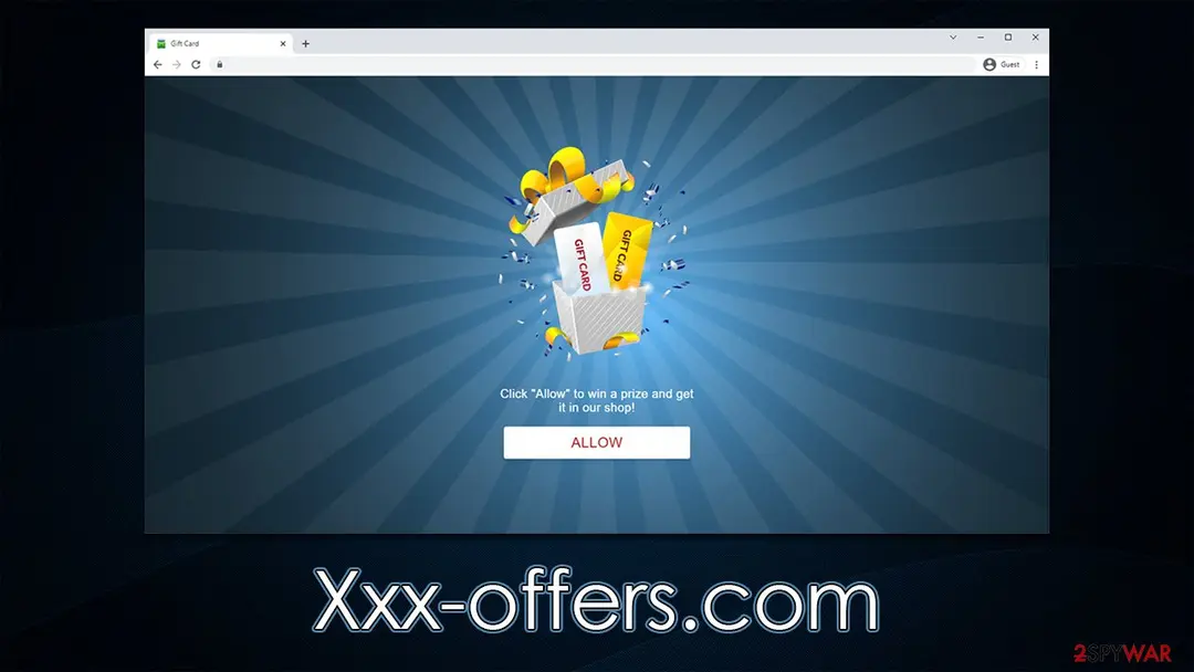 A browser window titled Gift Card showing an opened gift box with two gift cards, the text Click Allow to win a prize and get it in our shop, and an ALLOW button, captioned Xxx-offers.com