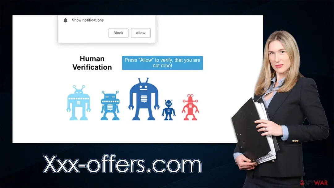 The browser's Show notifications box with Block and Allow above a Human Verification page that says Press Allow to verify that you are not robot, with five cartoon robots, captioned Xxx-offers.com