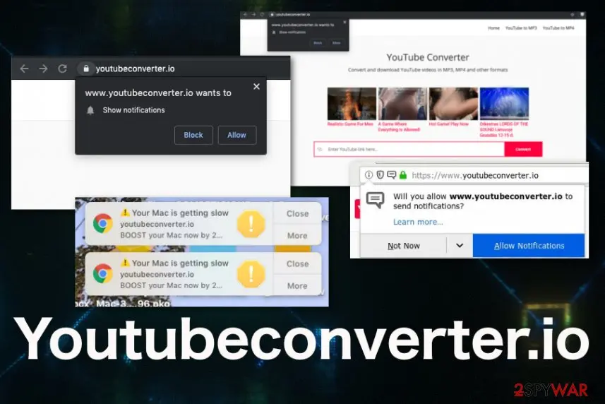 Youtubeconverter.io in 2019: the YouTube Converter page, a Show notifications prompt in Chrome and Firefox, and two Your Mac is getting slow notification banners