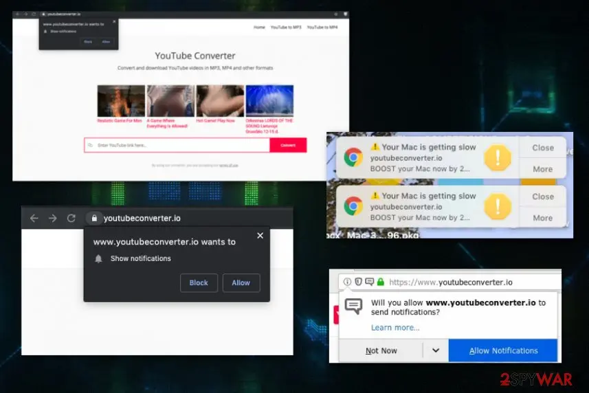 Youtubeconverter.io in 2019: the YouTube Converter page with four promoted links, Chrome and Firefox notification prompts and Your Mac is getting slow banners