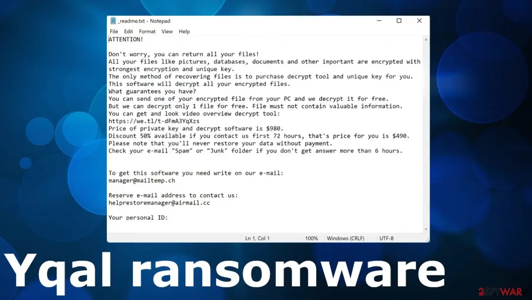 Screenshot of Yqal ransomware: virus