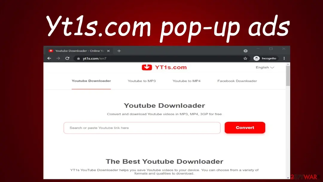 yt1s.com in 2021: the Youtube Downloader page with a link box and a red Convert button in a private browser window