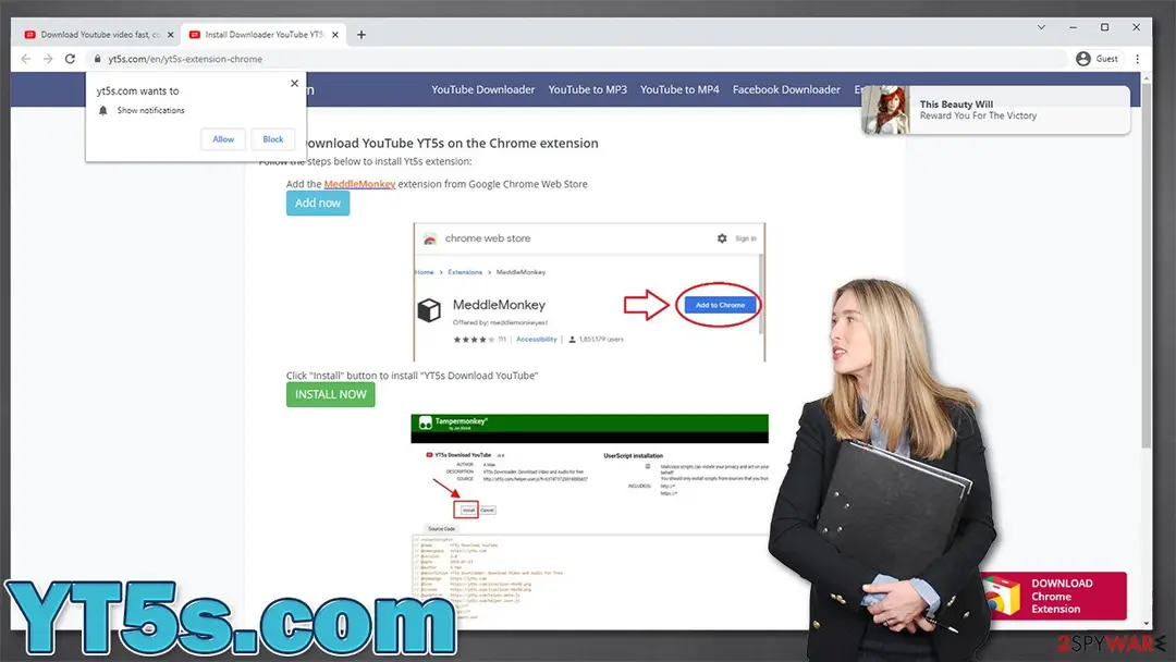 YT5s.com extension page in 2021 with a Chrome notification permission prompt and MeddleMonkey install steps