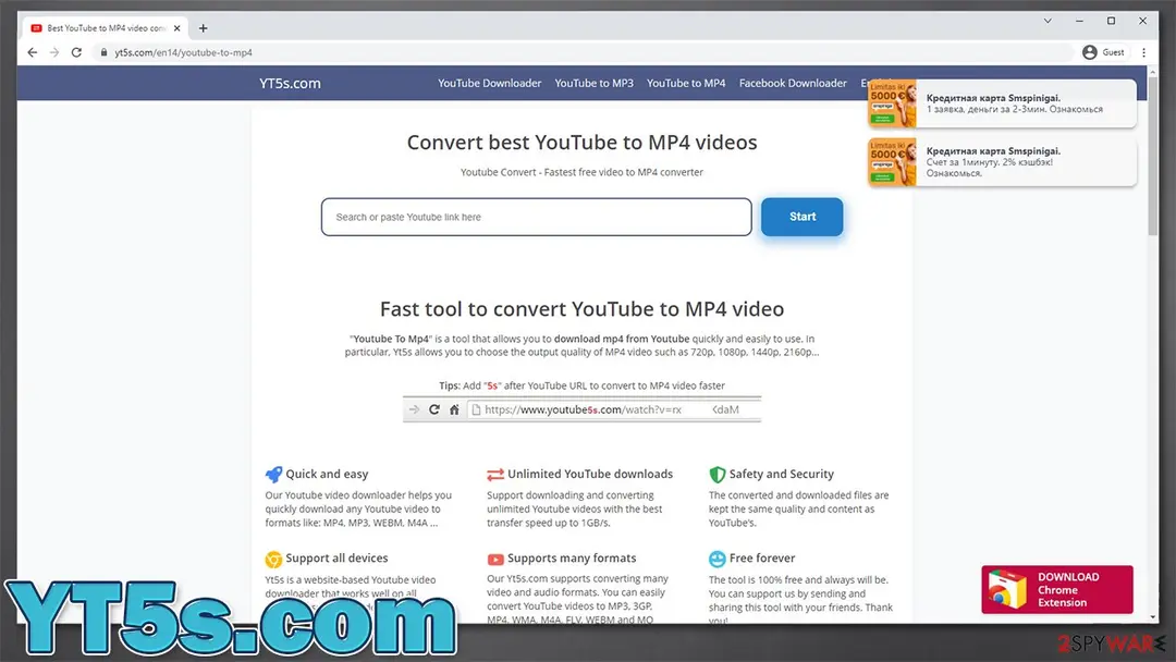 YT5s.com YouTube to MP4 page in 2021 with a Download Chrome Extension button and two notification pop-ups