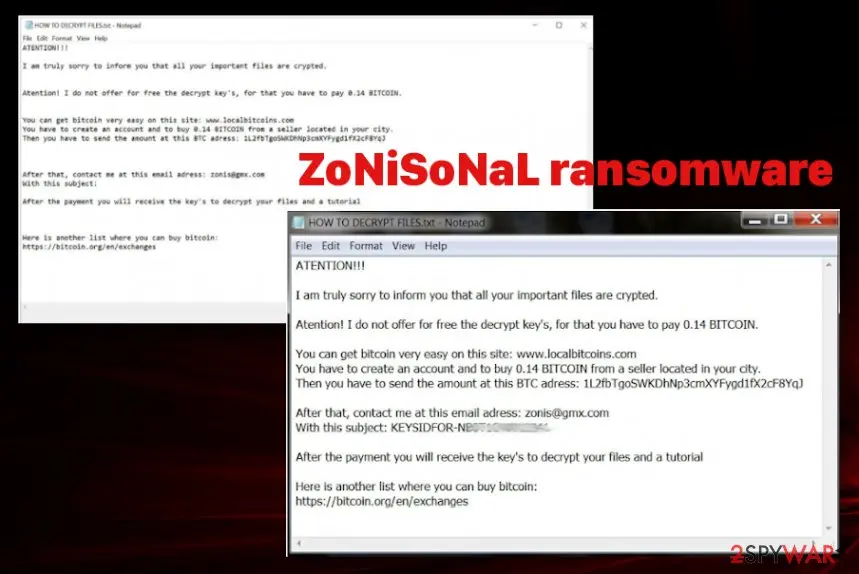 Screenshot of ZoNiSoNaL ransomware: virus