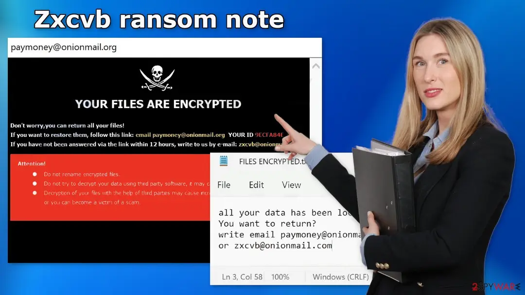 The Zxcvb pop-up note on a black background beside the open FILES ENCRYPTED.txt in Notepad, with a presenter pointing at them
