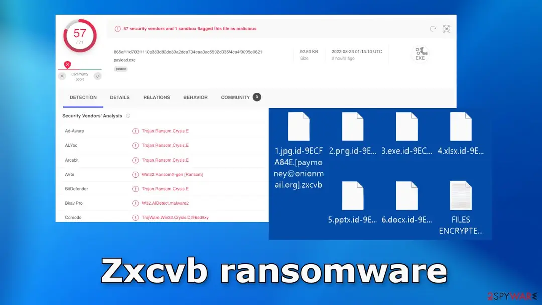 VirusTotal result showing 57 of 71 engines flagging payload.exe next to six renamed files ending .zxcvb