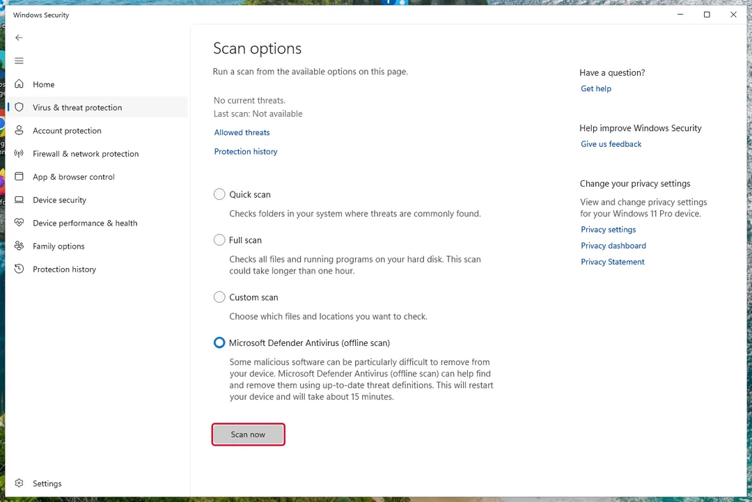 Offline scan selected and the Scan now button highlighted