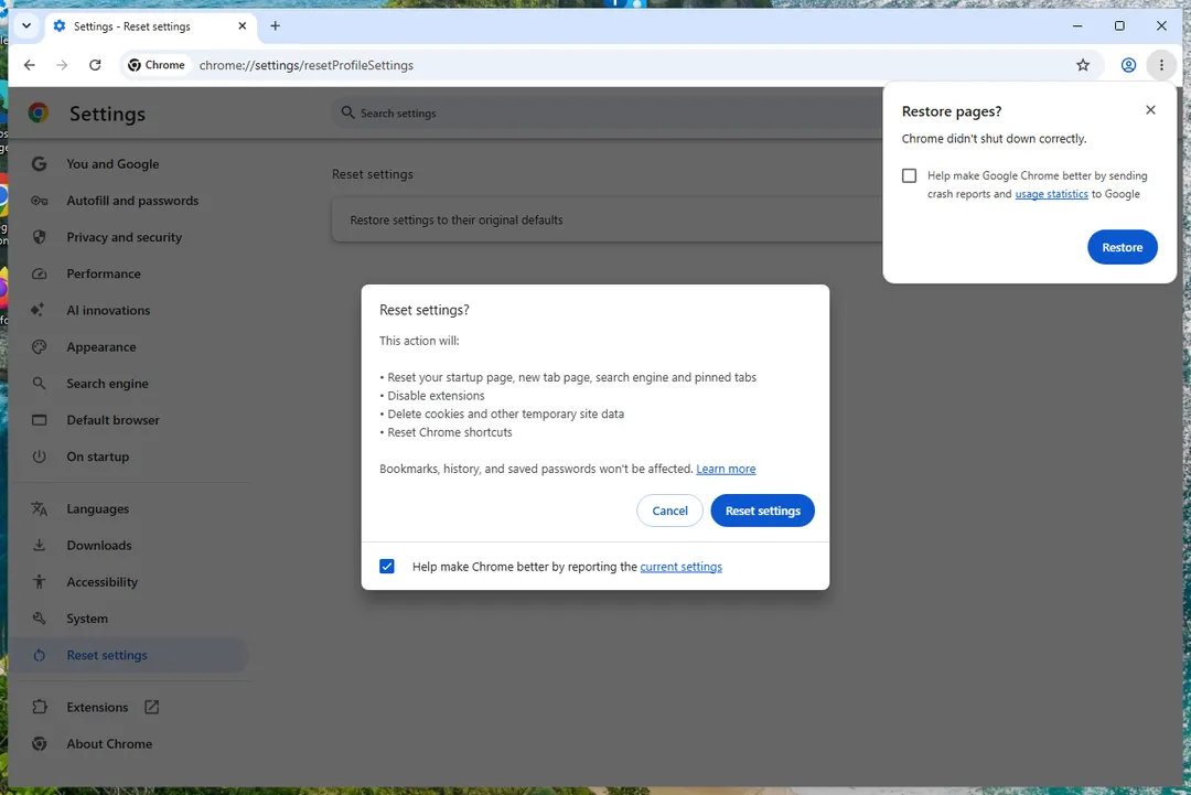 Chrome Settings, Reset settings