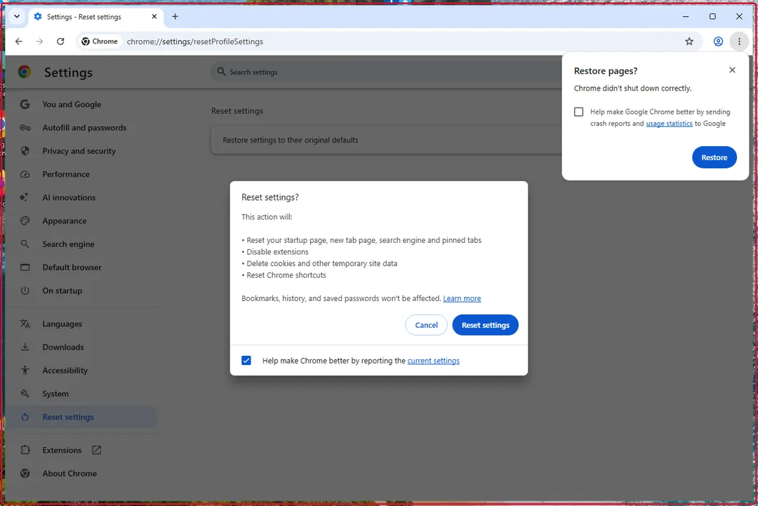 The Reset settings confirmation