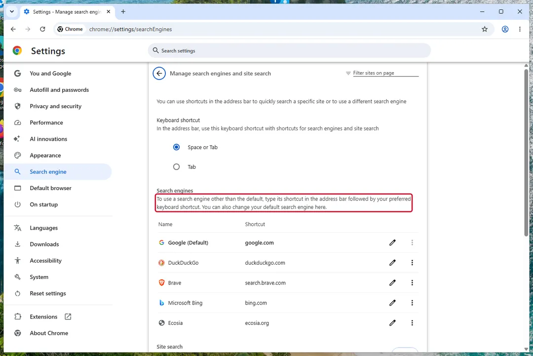 Settings, Search engine