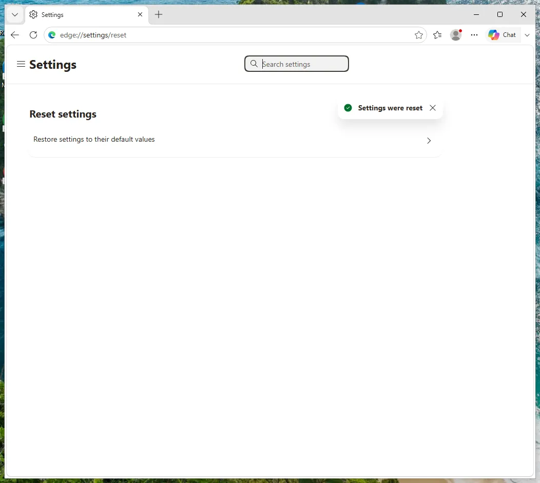 Settings, Reset settings