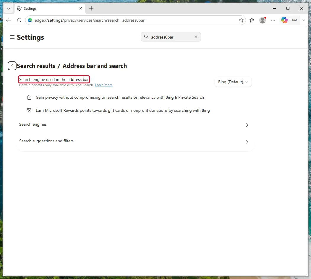 Search engine used in the address bar