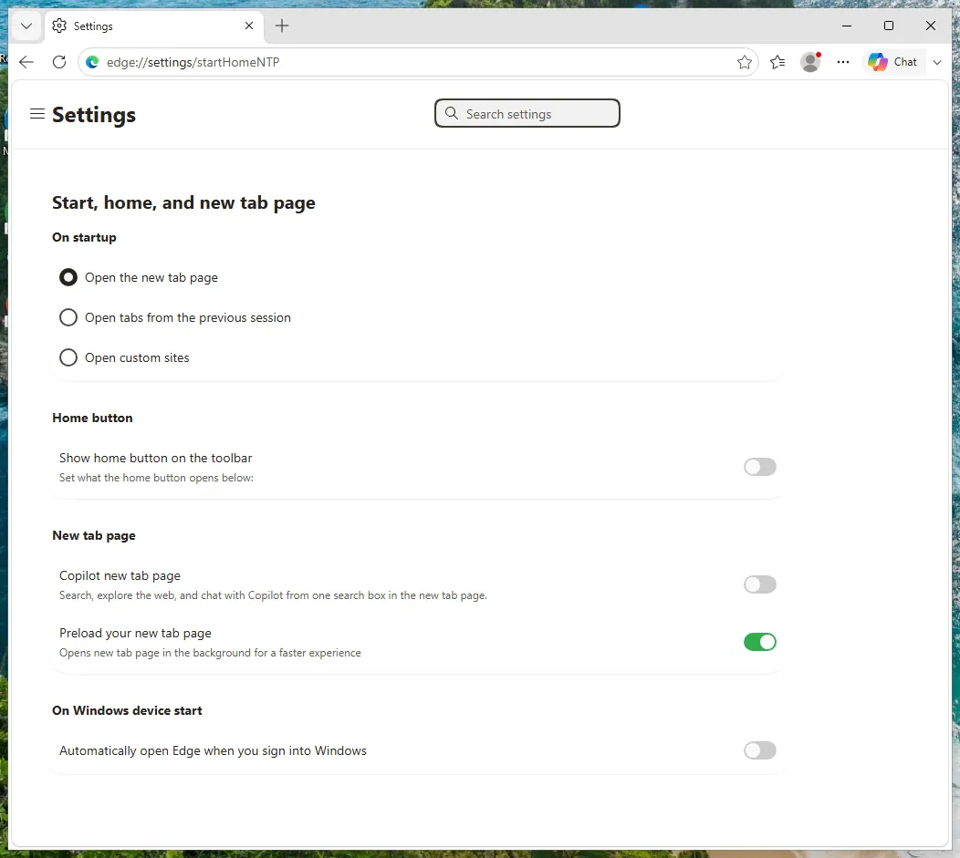 Settings, Start, home, and new tabs