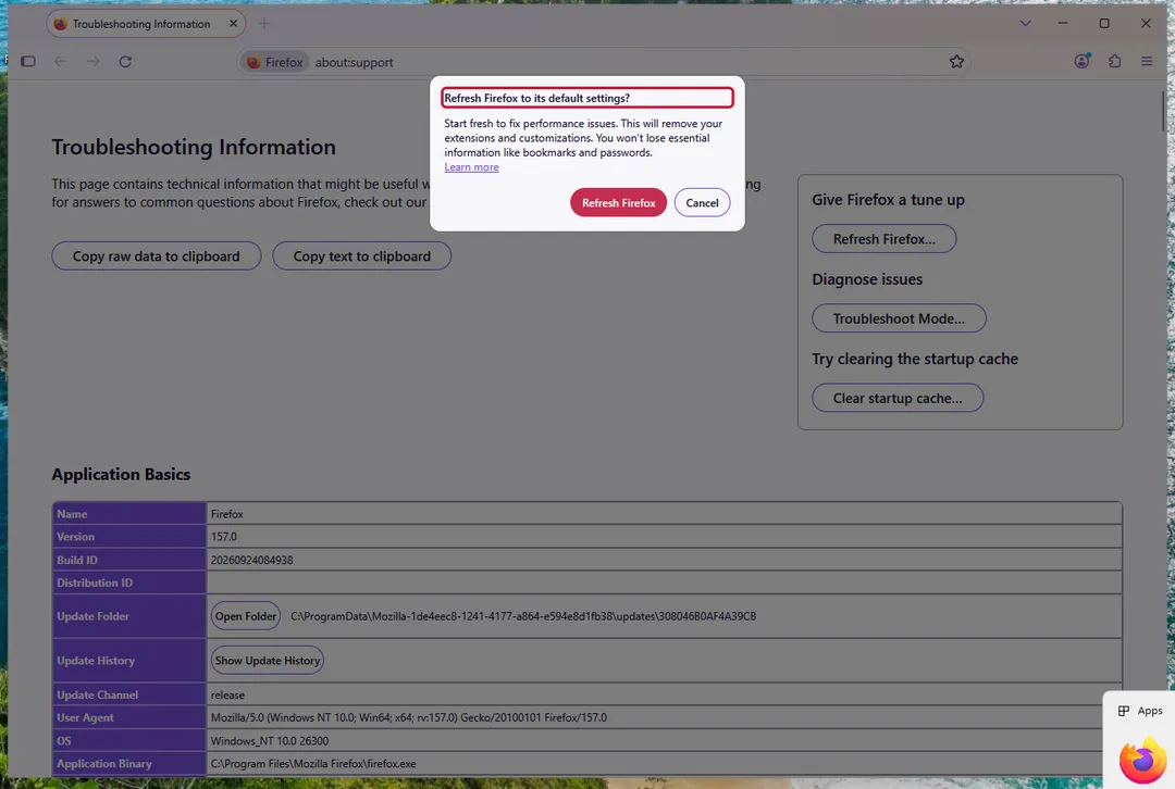 The Refresh Firefox confirmation