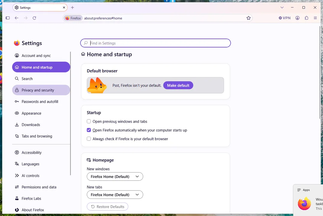 Settings, Home