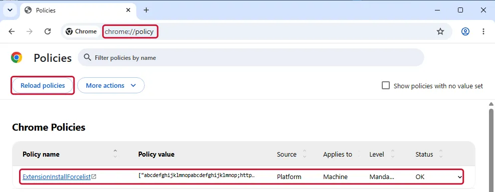 Chrome policy page listing ExtensionInstallForcelist with the Reload policies button