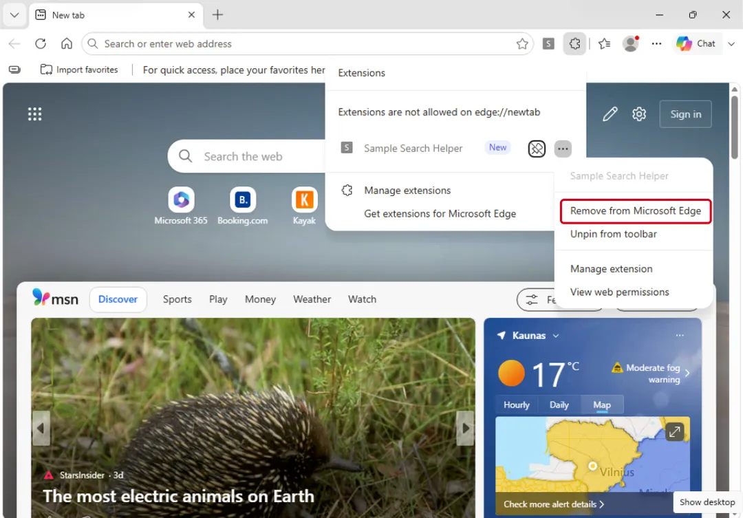 Extensions, More actions, Remove from Microsoft Edge