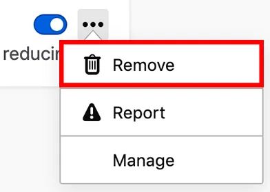 Add-ons Manager, the extension's … menu with Remove