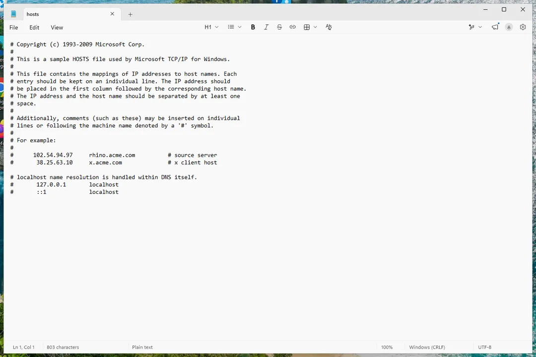 The default Windows hosts file open in Notepad, every line starting with #