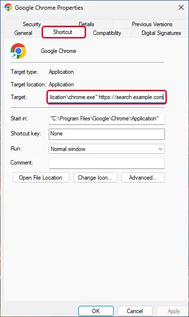 Chrome shortcut Properties with a web address added after chrome.exe in the Target field