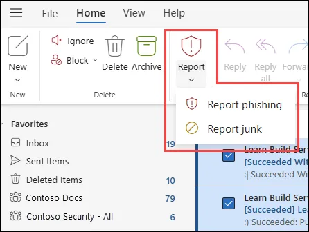 New Outlook and Outlook on the web: Report menu with Report phishing and Report junk