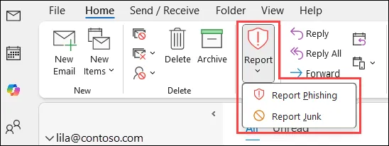 Classic Outlook for Windows: Home tab, Report menu with Report Phishing and Report Junk