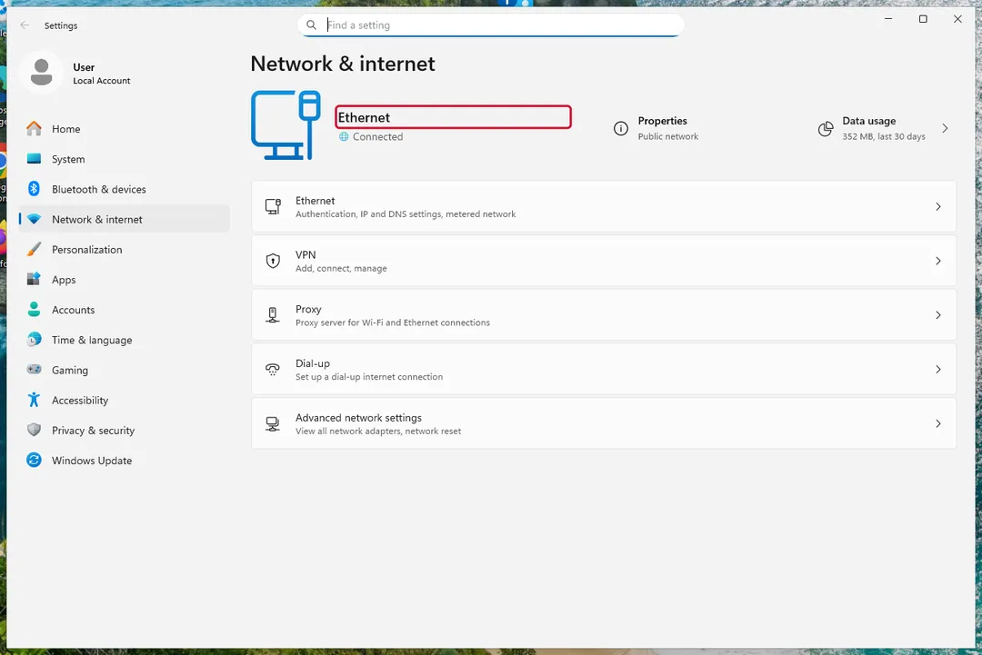 Windows 11 Settings, Network & internet showing an Ethernet connection