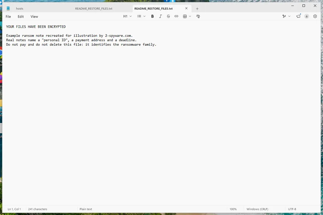 A recreated example ransom note open in Notepad
