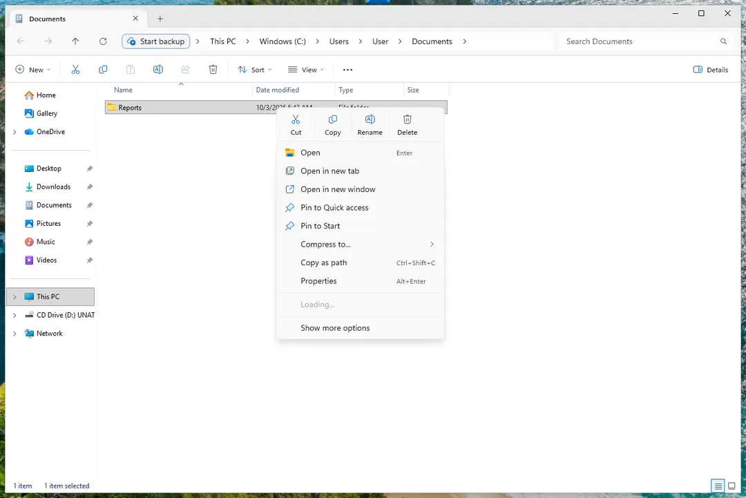 File Explorer right-click menu on a folder, with Properties