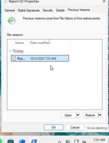 Properties window, Previous Versions tab listing one version from today