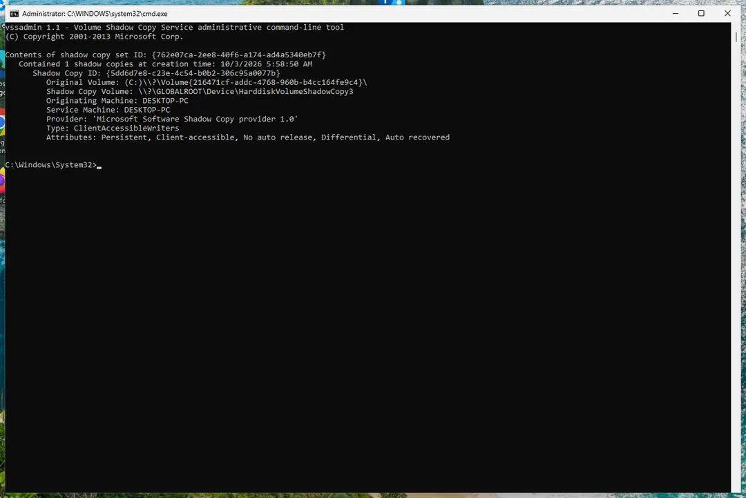 Command Prompt output of vssadmin list shadows with one shadow copy of drive C