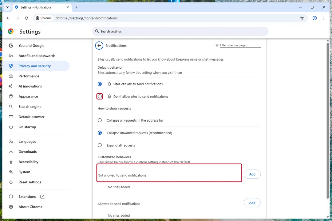 Chrome Settings, Notifications page with the Not allowed to send notifications list and its Add button