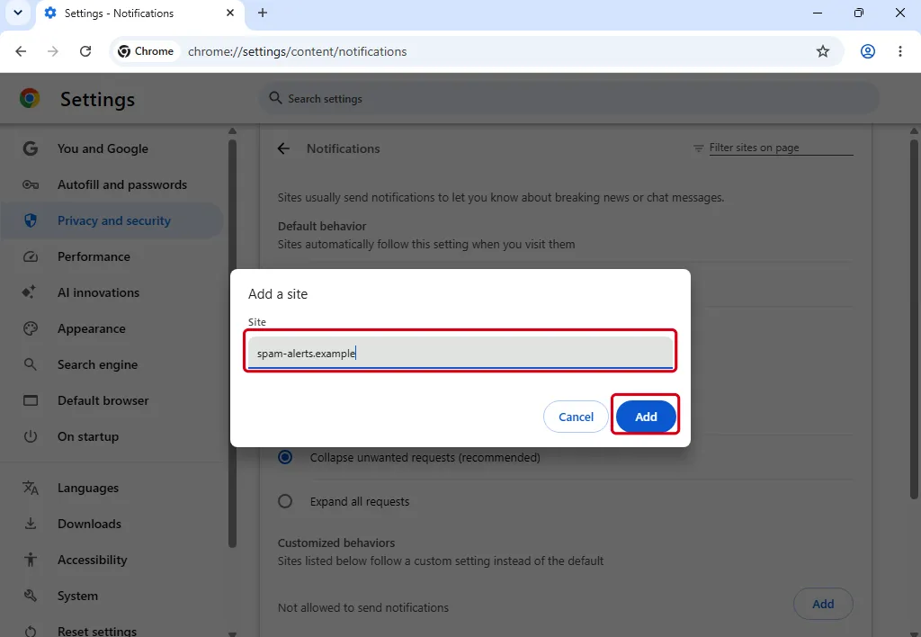 Chrome Add a site dialog for sites not allowed to send notifications